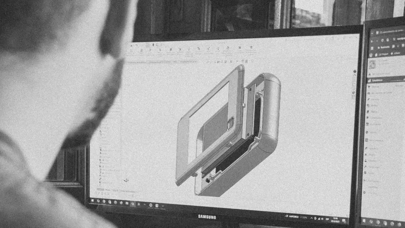 Modelando la pieza en CAD, de espaldas frente a la pantalla